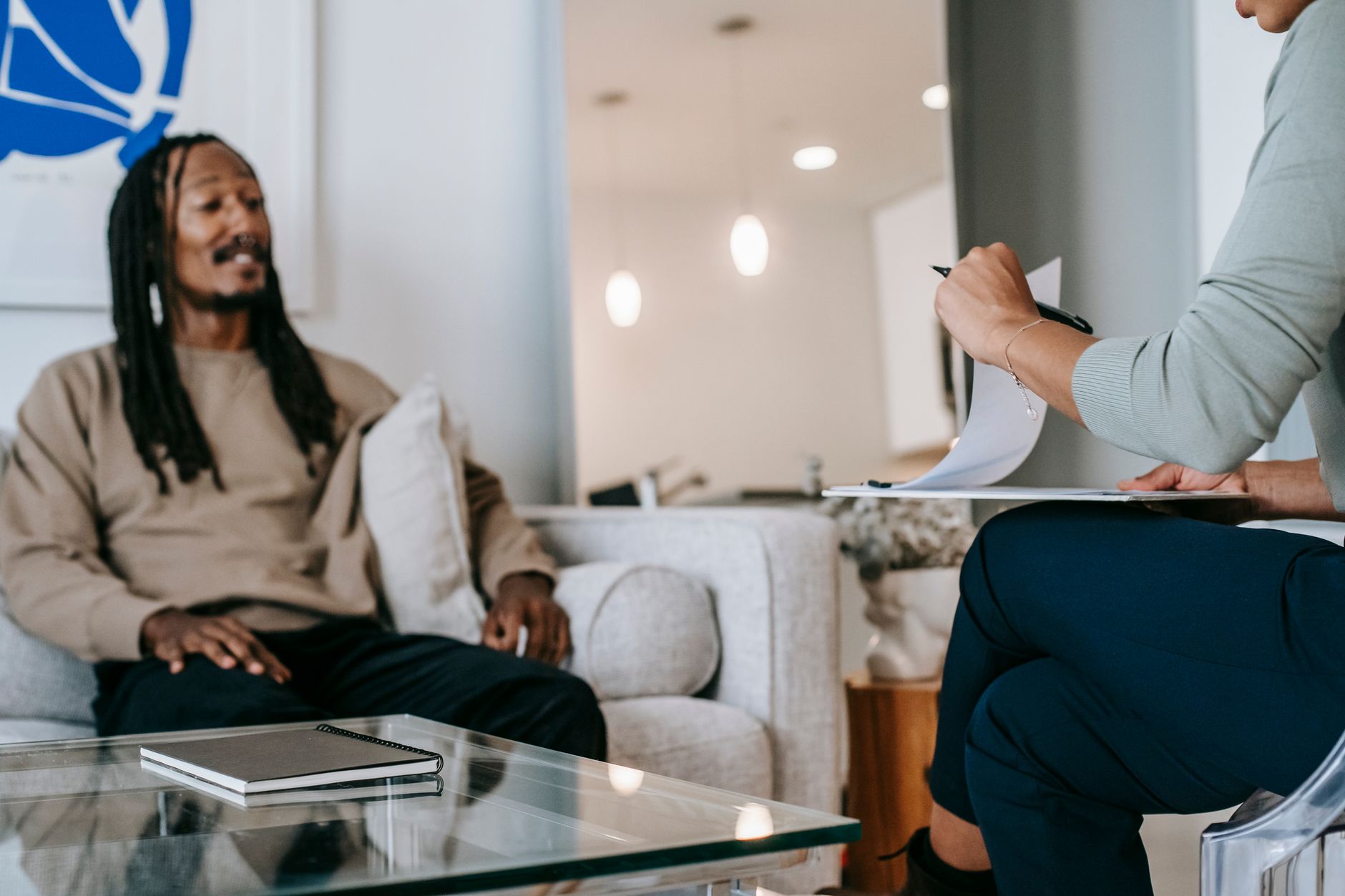 Therapist and client in a warm conversation